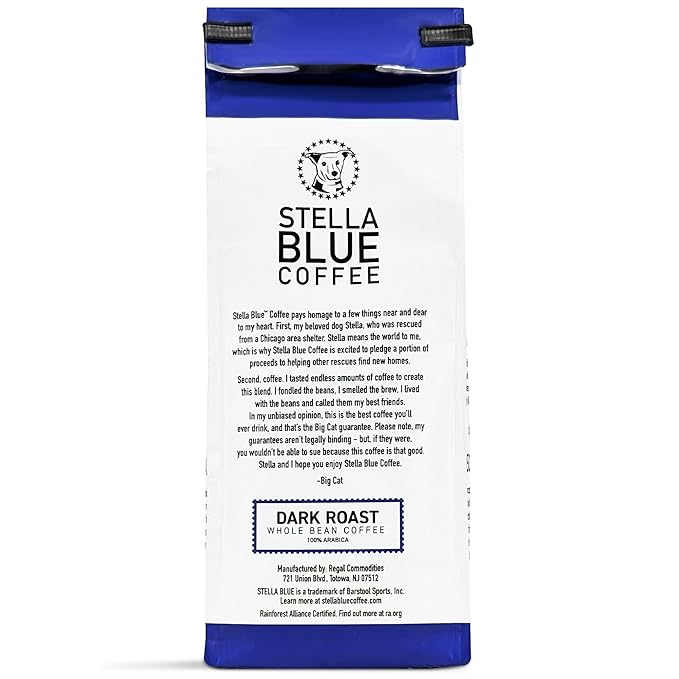 Stella Blue Whole Bean Coffee, Electric Avenue Blend, Dark Roast, Toffee Dark Chocolate, Smoky Notes, 100% Arabica Beans, Ethically Sourced from Central and South America, Smooth Balanced, 12oz Bag