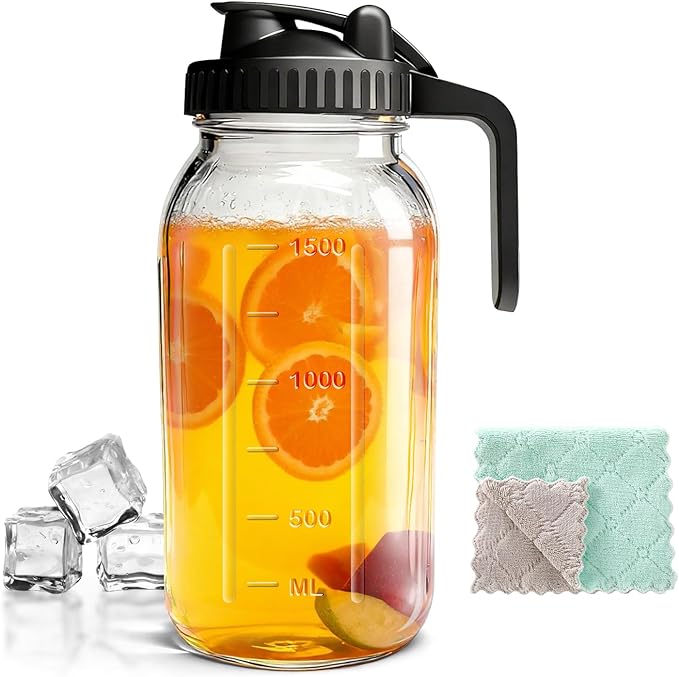 Glass Pitcher Carafes with Lid and Handle, 64oz Water Pitcher Mason Jar, Leakproof Fridge Glass Jug, Large Water Carafe for Coffee, Lemonade, Iced Tea, Beverage, Juice