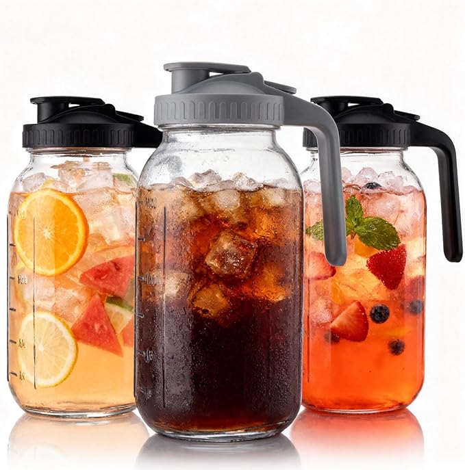 3 Pack 64oz Mason Jar Pitcher with Lid – Wide Mouth, Leakproof glass water jug, Breast Milk Pitcher for Juice, Milk, Tea, Cold Brew Coffee（2 black &1 gary）
