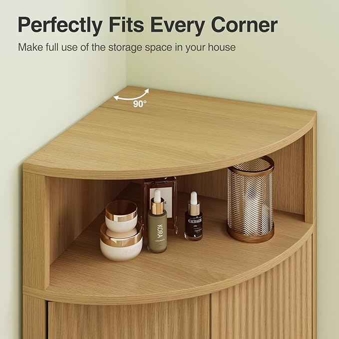 Corner Bathroom Cabinet, Modern Small Corner Cabinet with Fluted Door and Open Shelf, Space Saver for Bathroom, Living Room, Kitchen, Natural