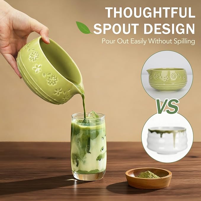 Matcha Whisk Set, Ceramic Bowl with Spout, Bamboo Matcha Whisk & Spoon, Chasen Holder, Scoop Rest, Sifter, 8-Pcs Japanese Ceremony Matcha Powder Kit–Christmas Gift for Women-Matcha Green
