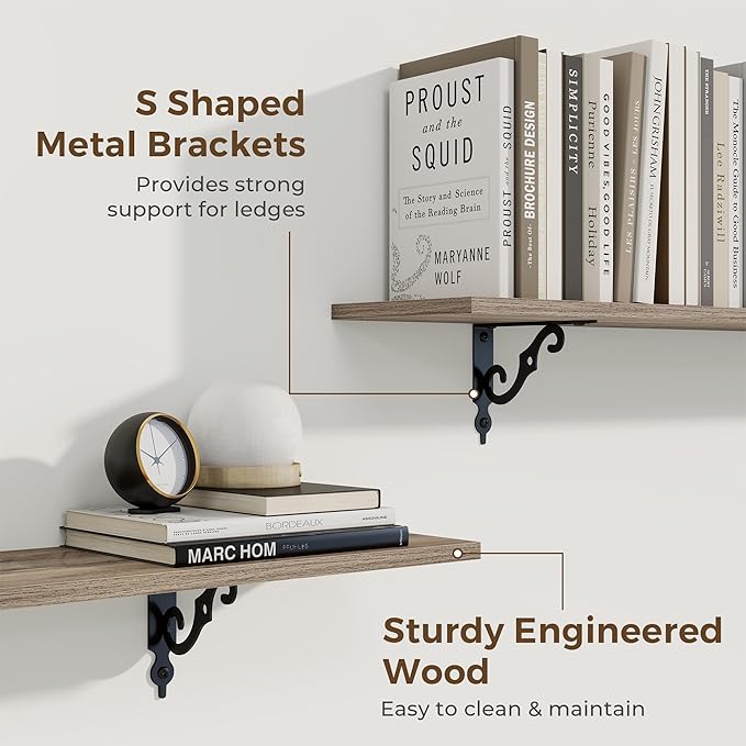 RICHFOCUS Floating Shelves for Wall Decor, 31.5W x 8D Shelves Set of 2, 8" Deep Rustic Wood Floating Shelves Wall Mounted with Metal Brackets, Shelves for Living Room Bedroom Kitchen, Grey