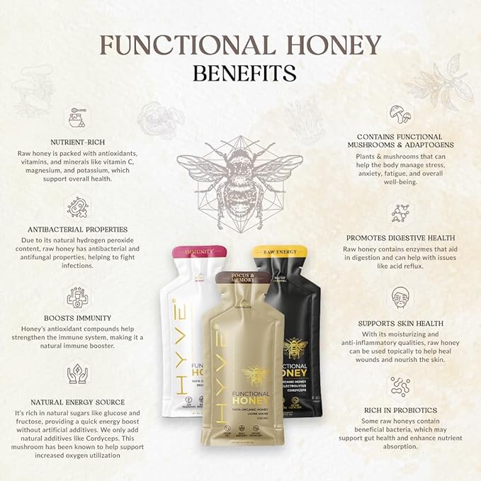 HYVE Functional Pre-workout Honey – Caffeine Free Raw Energy Packets with Organic Cordyceps Mushrooms, Volcanic Sea Salt & Organic Honey – Energy Boost with Natural Adaptogens, Pack of 15 Sachets, Sweet & Salty