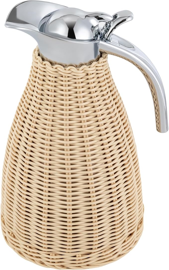 Stainless Steel Coffee Thermal Carafe, 50 Oz/1.5 L Woven Rattan Insulated Coffee Carafe Double Walled Vacuum Insualted 20 Hour Heat Cold Retention (White)