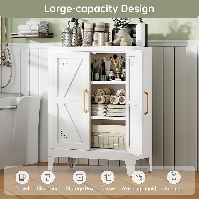 32" Metal Kitchen Pantry Cabinet,Floor Bathroom Storage Cabinet with 2 Adjustable Shelves,Freestanding Sideboard for Small Spaces, Living Room, Hallway, Dining Room,White