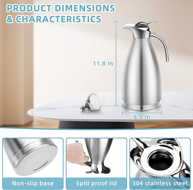 70oz Thermal Coffee Carafe Insulated Coffee Thermos Urn, Stainless Steel Coffee Carafes For Keeping Hot, Double Walled Insulated Vacuum Flask Pot, Tea Water Coffee Hot Beverage Airpot Dispenser