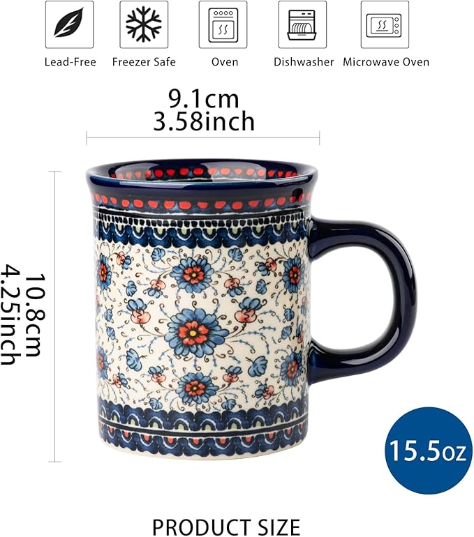 Ceramic Latte Mug Set of 4, 15.5oz Hand Painted Porcelain Coffee Cups With Handle for Tea/Milk/Cocoa - Modern Retro Design For Any Kitchen. Microwave and Dishwash Safe (Blue plasma grass)