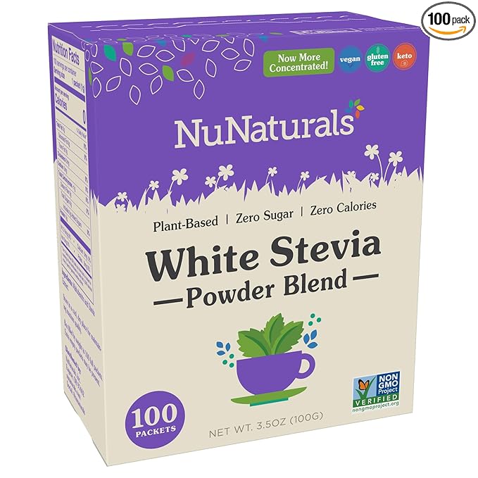 NuNaturals White Stevia Powder Packets, Single-Serve, Zero Calorie Sugar Substitute, 100 count