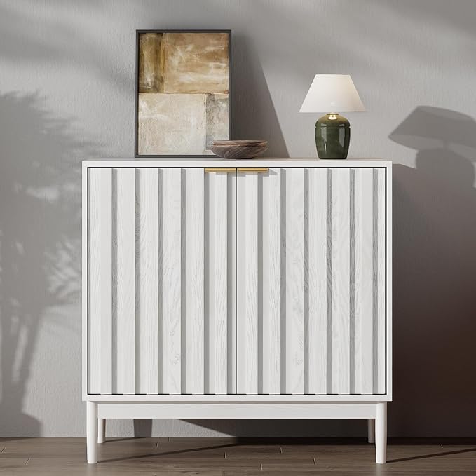 Fluted Cabinet with Storage, Buffet Cabinet Sideborad with 2 Doors, White Buffet Storage Accent Cabinets with Adjustable Shelves for Living Room, Entry, Hallway, Kitchen