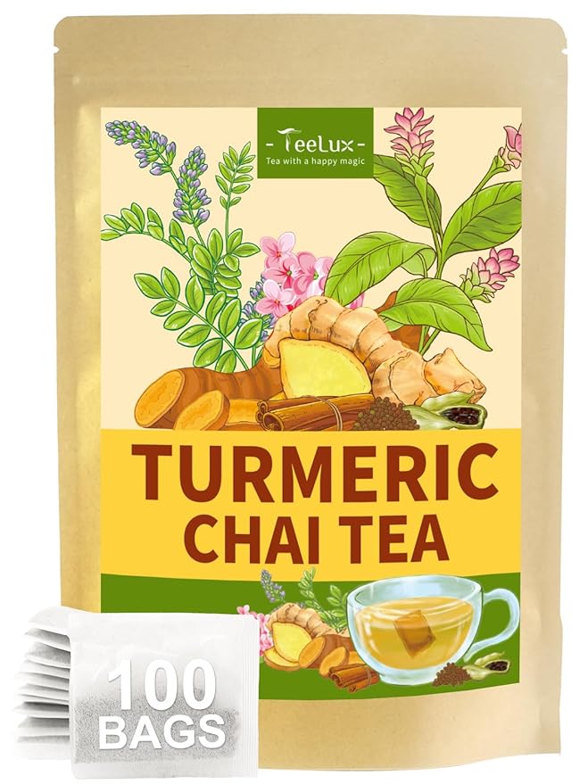 TeeLux Turmeric Chai Tea, Turmeric Tea with Licorice, Cinnamon, Ginger & Green Cardamom, Warming & Spicy Flavor, 100 Count
