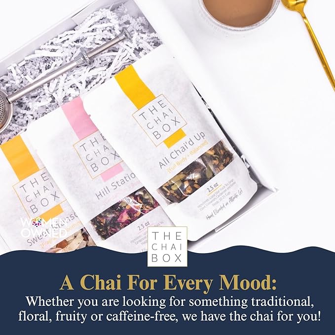 The Chai Box Top Selling Loose Leaf Tea Gift Set - Featured in Oprah's Favorite Things | 3-Flavor Caffeinated Chai Tea Gift Box with Stainless Steel Steeper (3 Pack) | Small Batch Loose Leaf Tea with Whole, Premium Spices