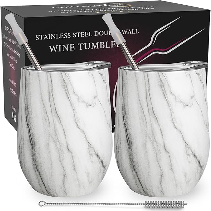 CHILLOUT LIFE 12 oz Stainless Steel Wine Tumblers 2 Pack - Double Wall Vacuum Insulated Wine Glasses Cups with Lids and Straws Set Keeping Cold & Hot for Coffee, Beer, Ice Cream - Carrara Marble