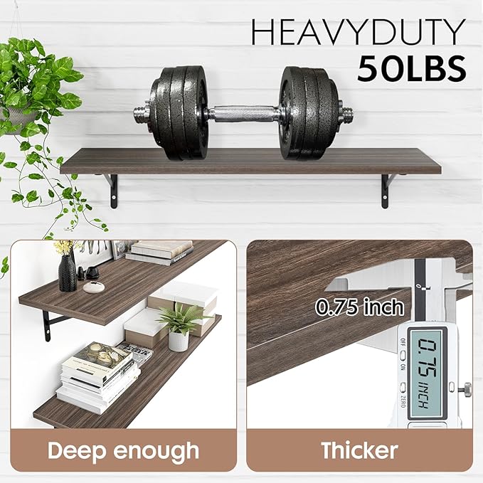 Kaboon 45 inch Long 10 inch Deep Floating Shelves for Wall Set of 2, Large Open Shelves Wall Mounted, Space Saving Home and Commercial Use, Eucalyptus
