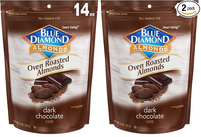 Blue Diamond Almonds Oven Roasted Dark Chocolate Flavored Snack Nuts, 14 Oz Resealable Bag (Pack of 2)