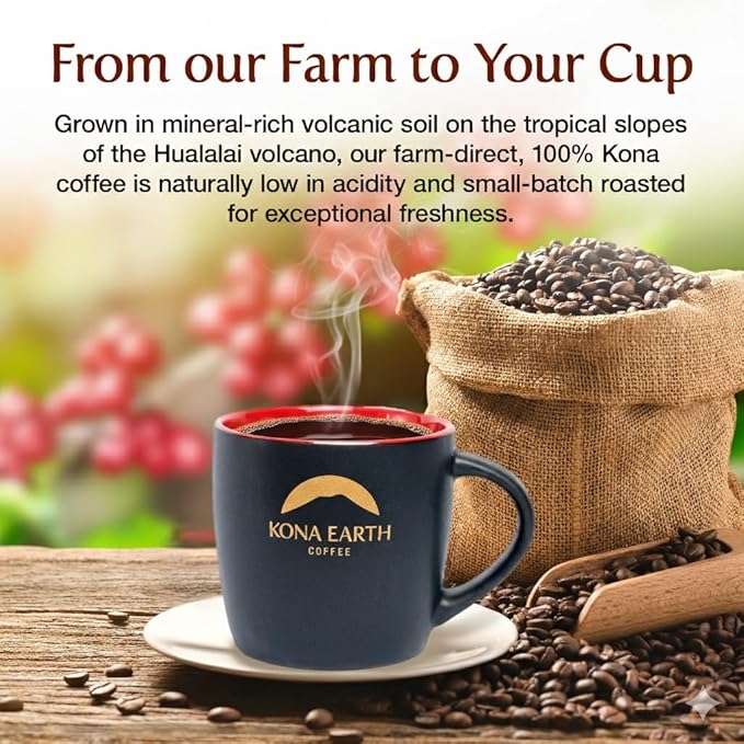 KONA EARTH 100% Kona Coffee, Classic Medium Roast, Whole Bean, 1 lb (16oz) Farm-Direct, Authentic Hawaiian Kona Coffee beans from Hawaii’s Big Island, Micro-Batch-Roasted