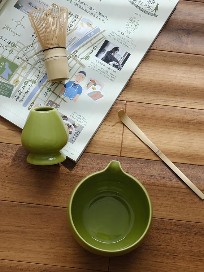 Matcha Whisk Set, Ceramic Matcha Bowl & Whisk Holder, Bamboo Accessory, Modern Design (Avocado Green, Pouring Spout)