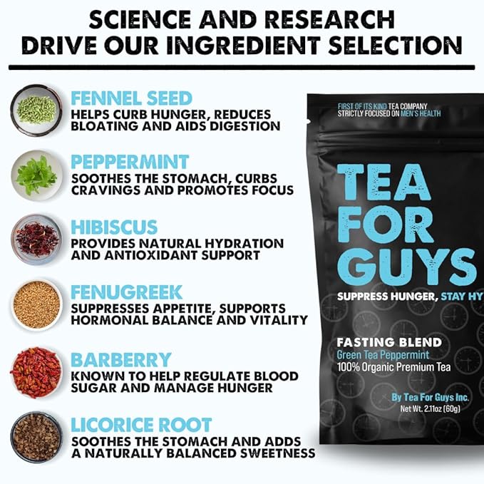 Tea For Guys: Fasting Tea – Strong Herbal Blend for Focus, Grit, and Control | – 20 Biodegradable Tea Bags