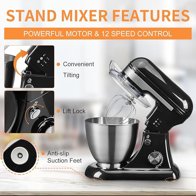 4.8QT Stand Mixer, 12-Speed Electric Kitchen Mixer with Tilt-Head, Stainless Steel Bowl, Egg Whisk, Dough Hook & Beater – Lightweight, Compact for Small Kitchens (Gray)