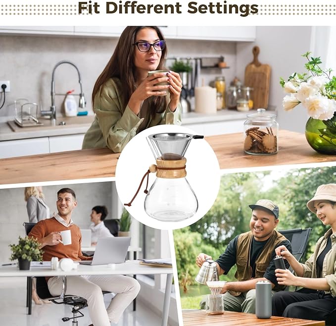 OMISTAR Pour Over Coffee Maker, 20 oz Borosilicate Glass Coffee Pot with Stainless Steel Filter & Wood Collar, Heat Resistant Carafe for Home, Office, Camping, Hiking