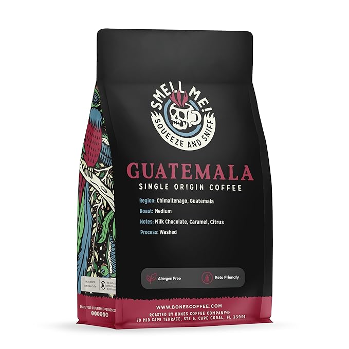 Bones Coffee Company Guatemala Single-Origin, Milk Chocolate, Citrus and Caramel Notes, Whole Coffee Beans, Low Acid Medium Roast Arabica Beans Flavored Coffee, 12 oz Whole Bean