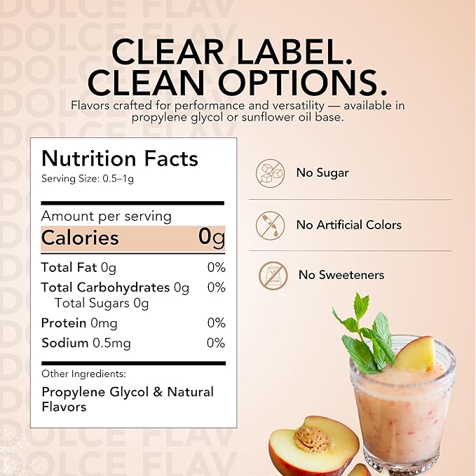Dolce Flav Natural White Peach Extract 2 oz – Kosher, Sugar-Free, Concentrated Sweet White Peach Flavoring for Beverages, Desserts & Baking, Includes Measured Dropper