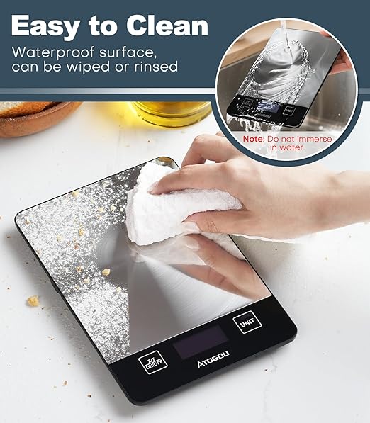 Atogou Food Scale, 33lb Rechargeable Kitchen Scale with Full-View Backlit LCD Display, Waterproof Stainless Steel Surface, Type-C Charging, Grams and Ounces for Baking, Cooking, Food Grey