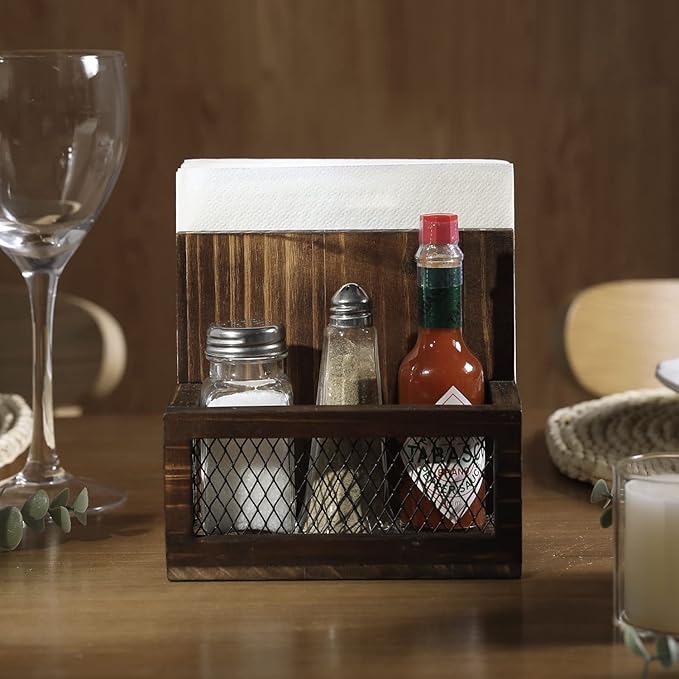 FARM IN Napkin Holder, Farmhouse Multifunctional Napkin Holder with Salt and Pepper Shakers Holder for Home Kitchen Table Centerpiece and Commercial, Rustic Solid Burnt Wood & Diamond Metal Wire Mesh