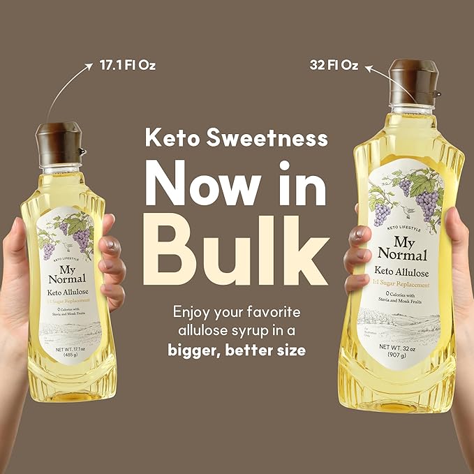 My Normal Keto Allulose Large Size, Allulose 99.52%, Monk Fruit, Stevia Blend Thin Syrup, Zero Calorie Sweetener, 1:1 Sugar Substitute, Low Glycemic, Gluten Free, Zero Net Carbs, Zero Sugar (32oz)