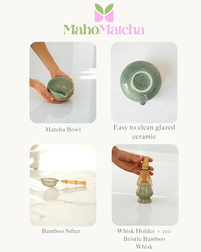 Whisk Set – 6-Piece Matcha Bowl & Bamboo Whisk Kit with Bowl, Scoop, Sifter, Ceramic Chasen Holder & Premium Gift Box | Cute Japanese Matcha Ceremony Tea Set for Making Breakfast & Latte