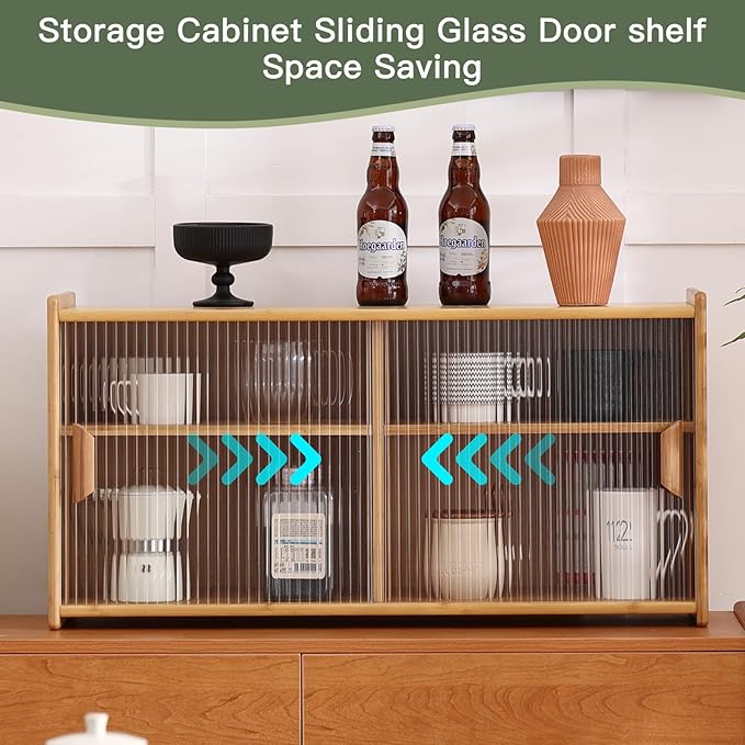 Wall Mounted Bamboo Countertop Storage Cabinet with Glass Door, Hanging Kitchen Cupboard with Adjustable Shelves, Small Pantry Sideboard for Dining Room, Bathroom, Wood