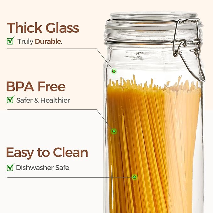 ComSaf Airtight Glass Jars Set of 3, 0.5 Gallon Food Storage Jar with Lids, Tall Spaghetti Container with Clear Preserving Seal Wire Clip Fastening, Pasta Storage Containers for Kitchen Canning