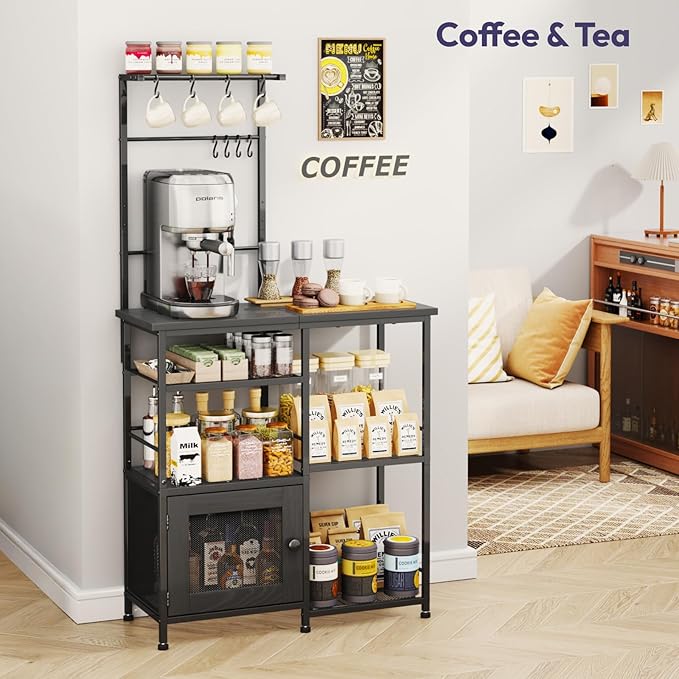 SWTYMIKI Bakers Rack with Storage - Coffee Bar Cabinet Organizer with 8 Hooks, Shelves & Cabinet Door, Coffee Station for Kitchen Dining Room, Microwave Stand with Adjustable Feet, Black