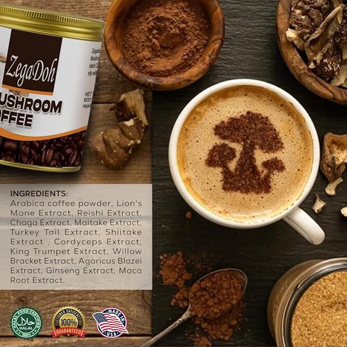 ZegaDoh Mushroom Coffee with 6 Adaptogenic Mushrooms , Genseng Extract and Maca Root Extract USA Grown Instant Coffee for Better Energy, Focus, Digestion, Immunity with Lions Mane & Turkey Tail Extract 33 servings medium-roast Instant Coffee