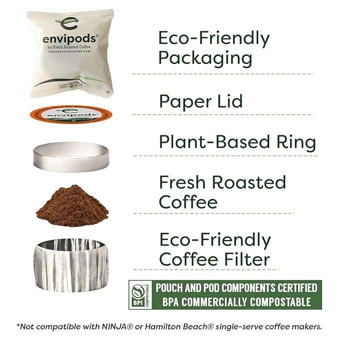 Fresh Roasted Coffee, Organic Peruvian Swiss Water Half-Caf envipods, Fair Trade Kosher, Medium Roast, 36 Count, Individually Wrapped, Compatible With 1.0 & 2.0 K Cup Brewers