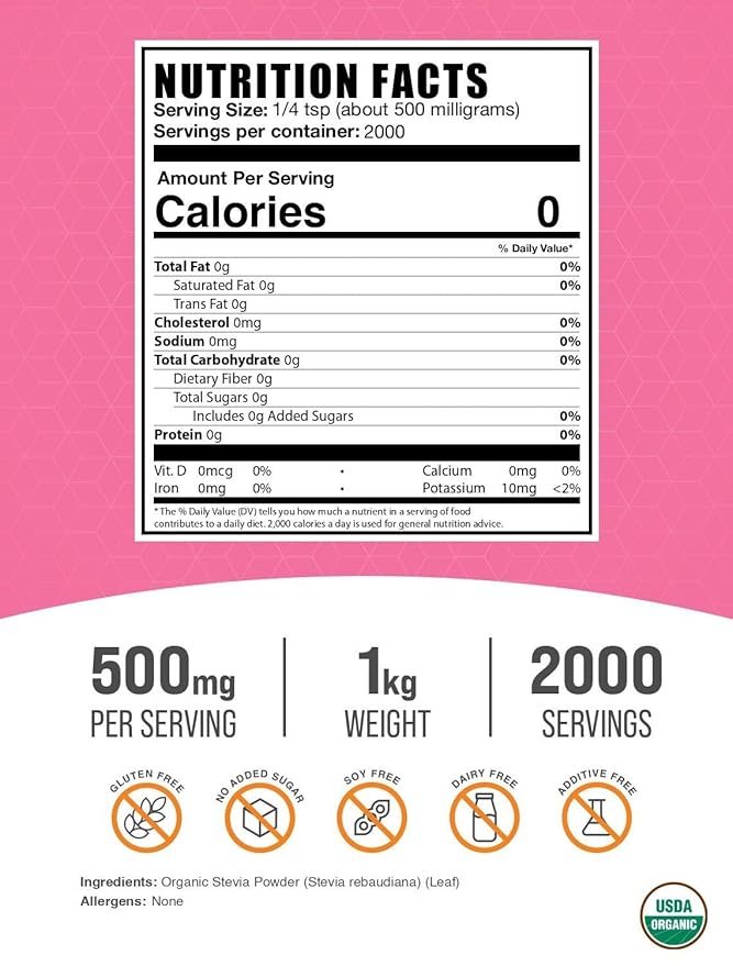 BulkSupplements.com Organic Stevia Powder - Pure Sweetener, Sourced from Stevia Leaves, Herbal Supplement - Vegan & Gluten Free, 500mg per Serving, 1kg (2.2 lbs) (Pack of 1)