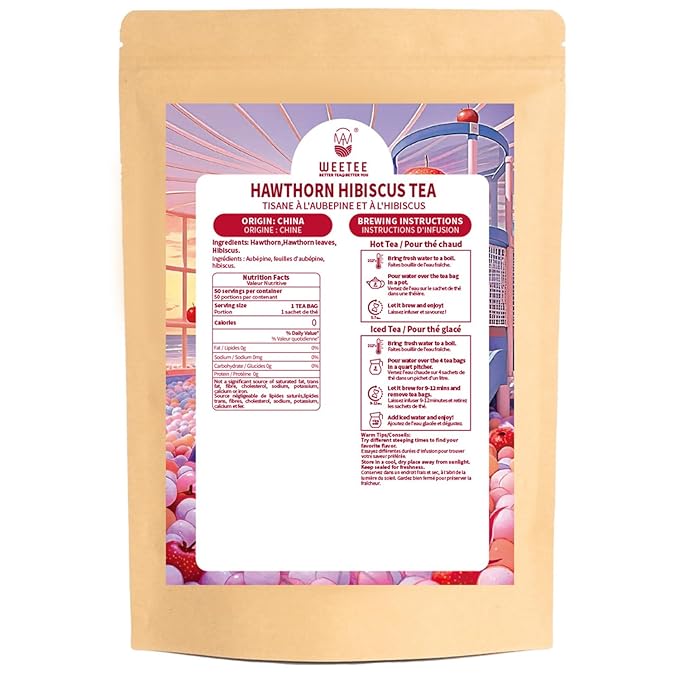 WT WEETEE Hawthorn Hibiscus Tea Bags 50 Count, Pure Made of Hibiscus, Hawthorn Berries & Leaves, Natural Caffeine-free Herbal Tea for Heart
