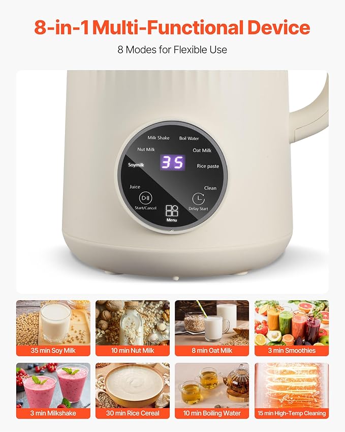VEVOR 8-in-1 Nut Milk Maker, 34 oz Soy Milk Maker with 180W Blending, for Homemade Oat, Nut, Soy, Juice, Milkshake, Rice Cereal, Plant-Based Beverages with Self-Cleaning, Boil Water, 12-Hour Delay