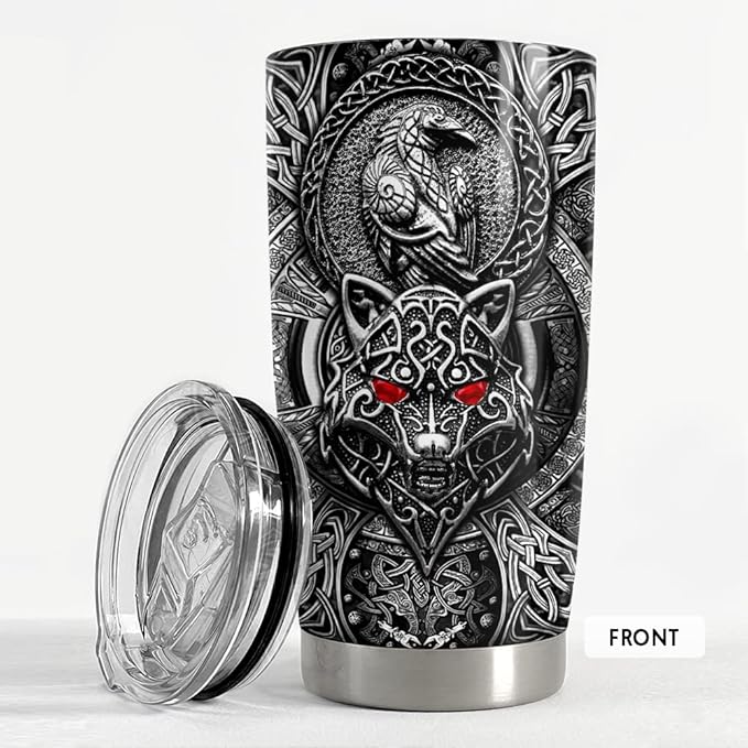 SANDJEST Wolf Tumbler Raven Viking 20oz Tumblers with Lid Gift for Men Dad Son Father Husband Christmas Birthday