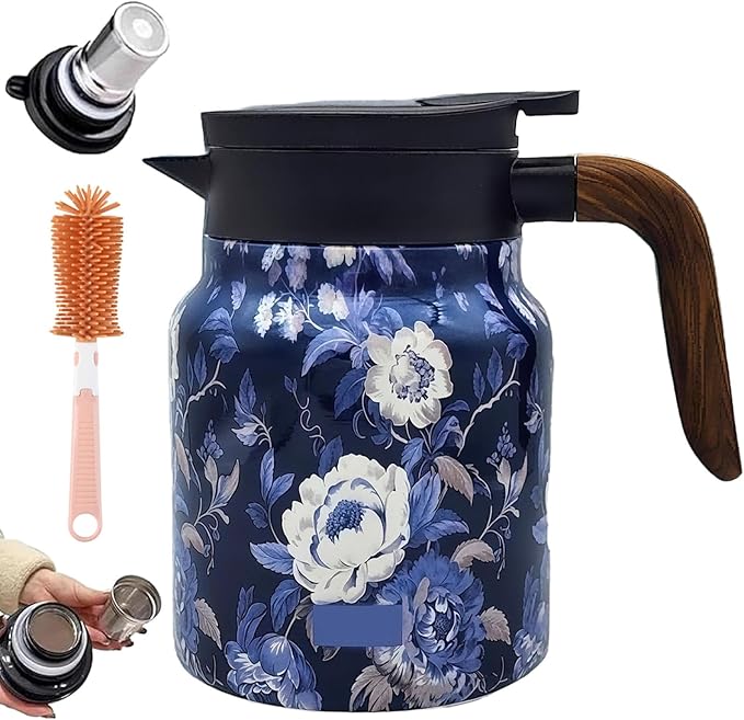 Vintage Floral Pattern Teapot – Built-In Infuser, 800ML/1000ML Heatproof Stainless Steel Teapot with Lid for Hot Drinks (Blue, 1000ml-Wooden handle)