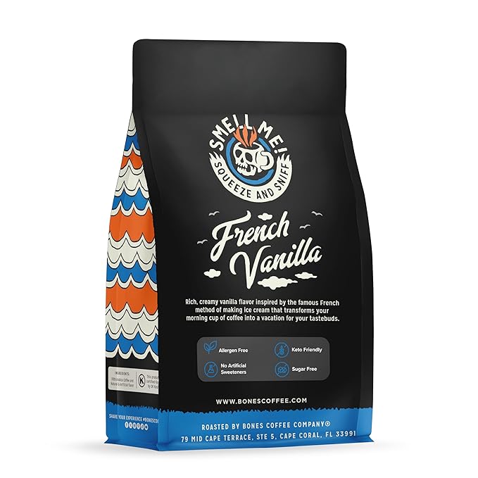 Bones Coffee Company French Vanilla, Creamy Vanilla Flavored Coffee, Medium Roast Low Acid Arabica Beans Compatible with Auto drip and French Press Coffee Maker, 12 Oz Whole Bean