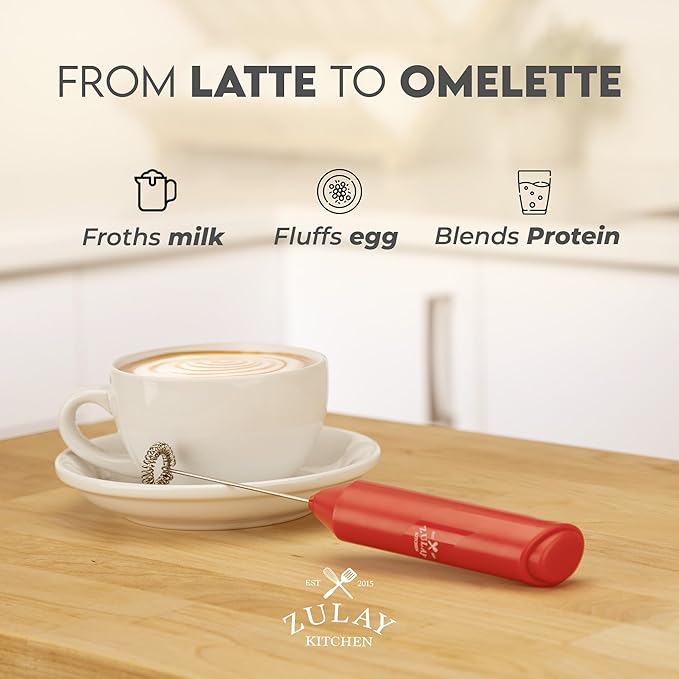Zulay Kitchen Milk Frother Handheld with 2 Duracell AA Batteries – Electric Drink Mixer for Coffee, Lattes, Cappuccinos, Matcha & Hot Chocolate – Portable Foam Maker & Coffee Bar Accessory