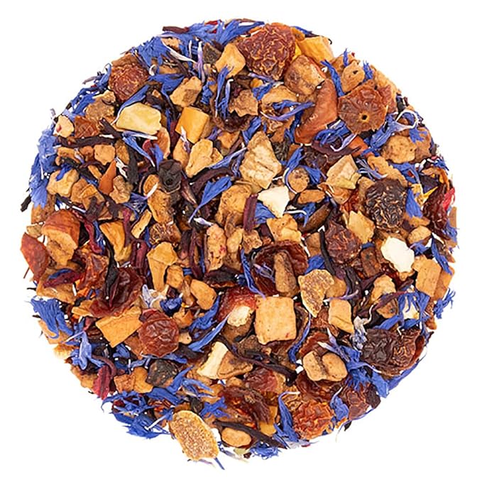English Tea Store Blue Eyes Herbal Tea Pouches - 4oz | Loose Leaf Fruit Tea Blend with Caramel Cornflower Petals | Refreshing Caffeine Free Summer Cooler or Winter Reminder