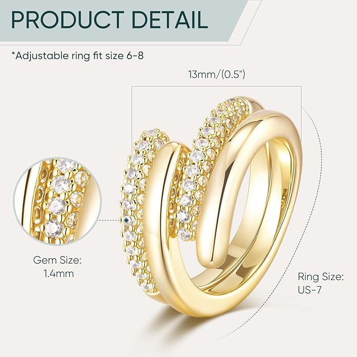 Stackable Gold Rings Set for Women - 14K Gold Plated Cubic Zirconia Adjustable Open Bands, Dainty Trendy Stacking Rings, Anniversary Christmas Birthday Jewelry Gift for Her