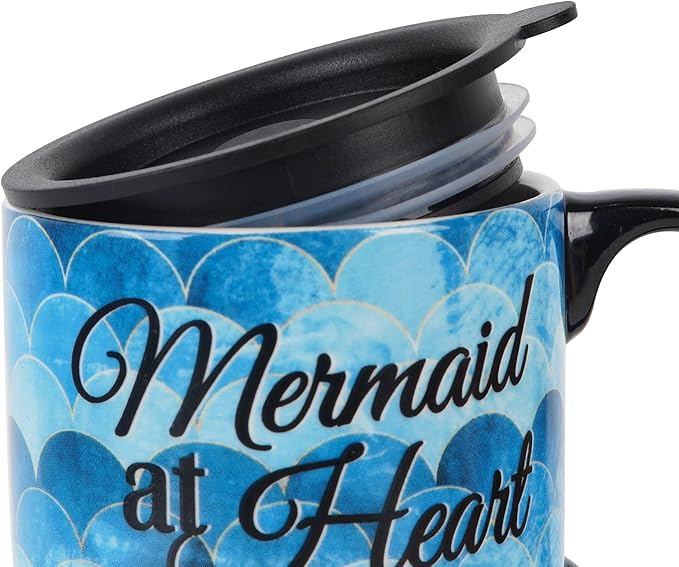 DUSVALLY Ceramic Coffee Mug Travel Cup Gift with Lid 17oz, Tea Cup with Handle for Latte, Cappuccino and Cocoa, Home and Office Porcelain Coffee Cups, Mermaid at Heart