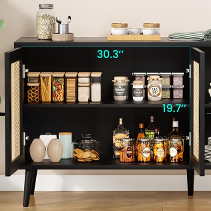 47.2" Buffet Cabinet with Storage Accent Sideboard, Modern Kitchen Cabinet with Rattan Doors, Wood Coffee Bar Table Console for Kitchen Living Room Entryway, Black