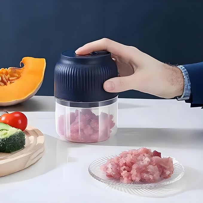Electric Garlic Chopper, 300ml Mini Portable Veggie Cutter, Dicer with 4 Stainless Steel Blades, One-Touch Operation for Garlic, Onion, Nuts, Easy to Clean, Dishwasher Safe (2*Blue)