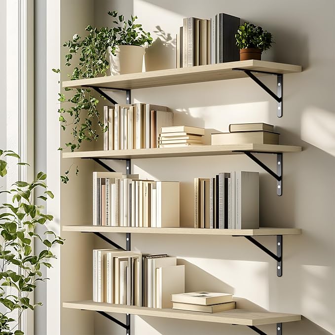 Kaboon 55 inch Long 10 inch Deep Floating Shelves for Wall Set of 2, Large Open Shelves Wall Mounted, Space Saving Home and Commercial Use, Oak/Grey Tone