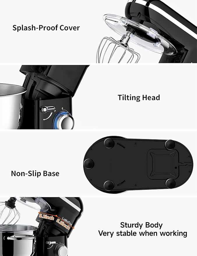 Stand Mixer 6QT Dough Mixer - 660W Kitchen Mixer 6-Speed Electric Mixer with Egg Whisk Dough Hook Flat Beater BLACK