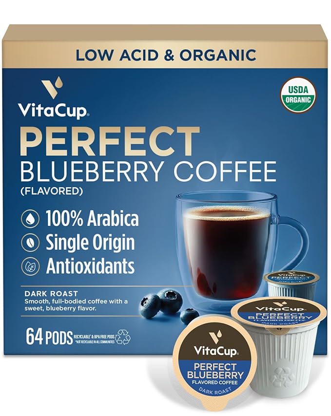 VitaCup Perfect Blueberry Flavored Low Acid Coffee Pods, Organic, Fair Trade, Dark Roast Single Origin from Guatemala, Clean & Pure, Recyclable Single Serve Pods, 64 Ct