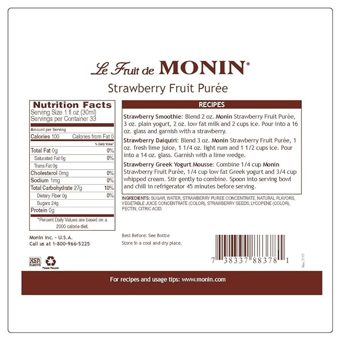 Monin - Strawberry Purée, Juicy and Sweet, Great for Sodas and Teas, Gluten-Free, Vegan, Non-GMO (1 Liter)